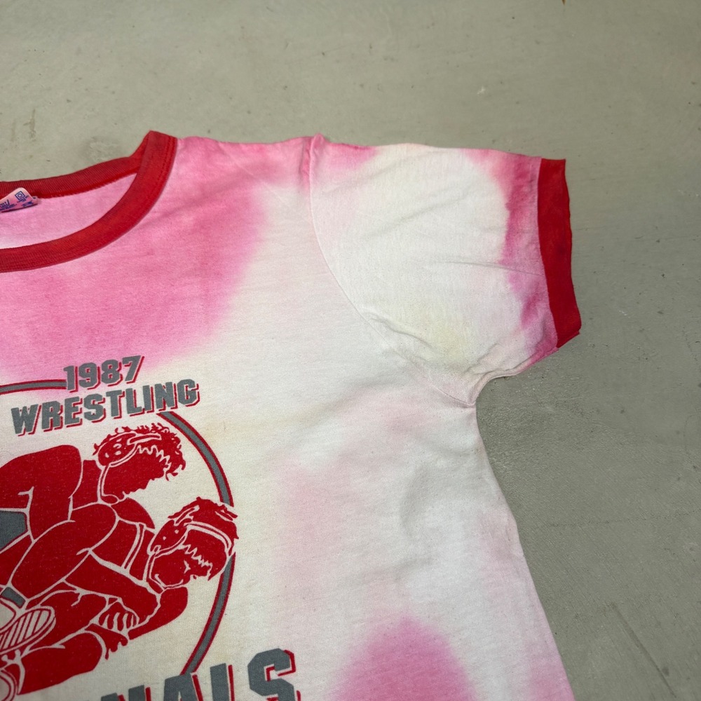 Vintage 1987 Champion MHSAA Wrestling tye dye Ringer T-Shirt XL Pink White 80s - Picture 4 of 7